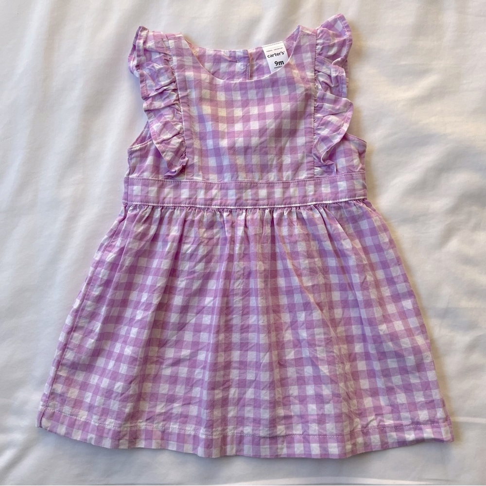 Carter’s girls purple and white dress with bloomers, size 9 months